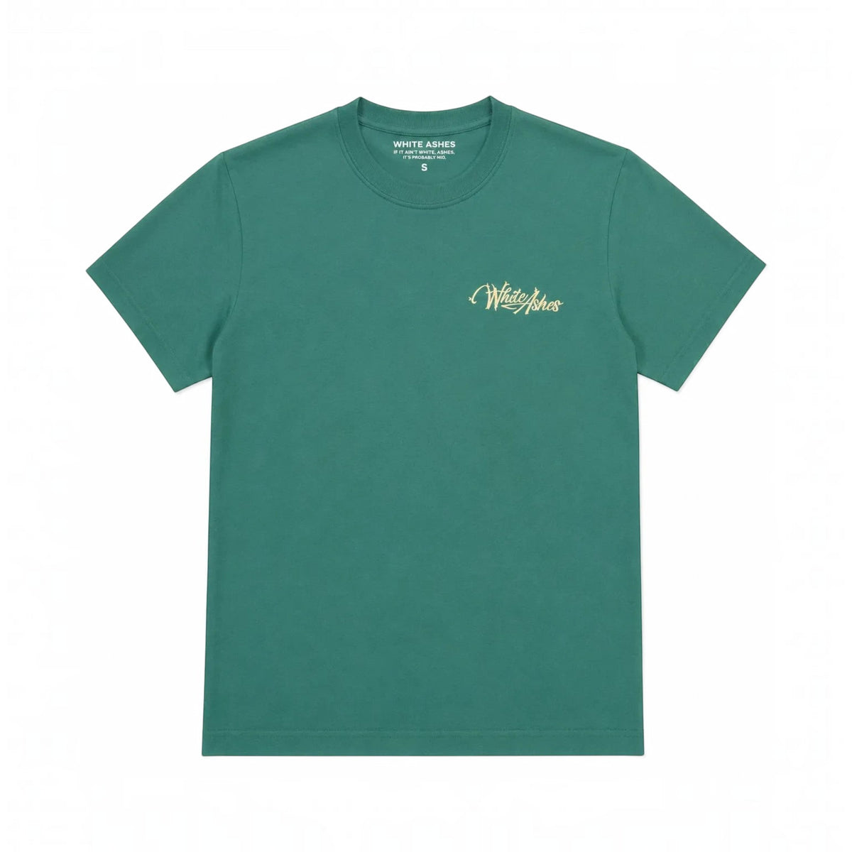 White Ashes Smoke Shop green cotton crewneck t-shirt with a small script logo on the chest