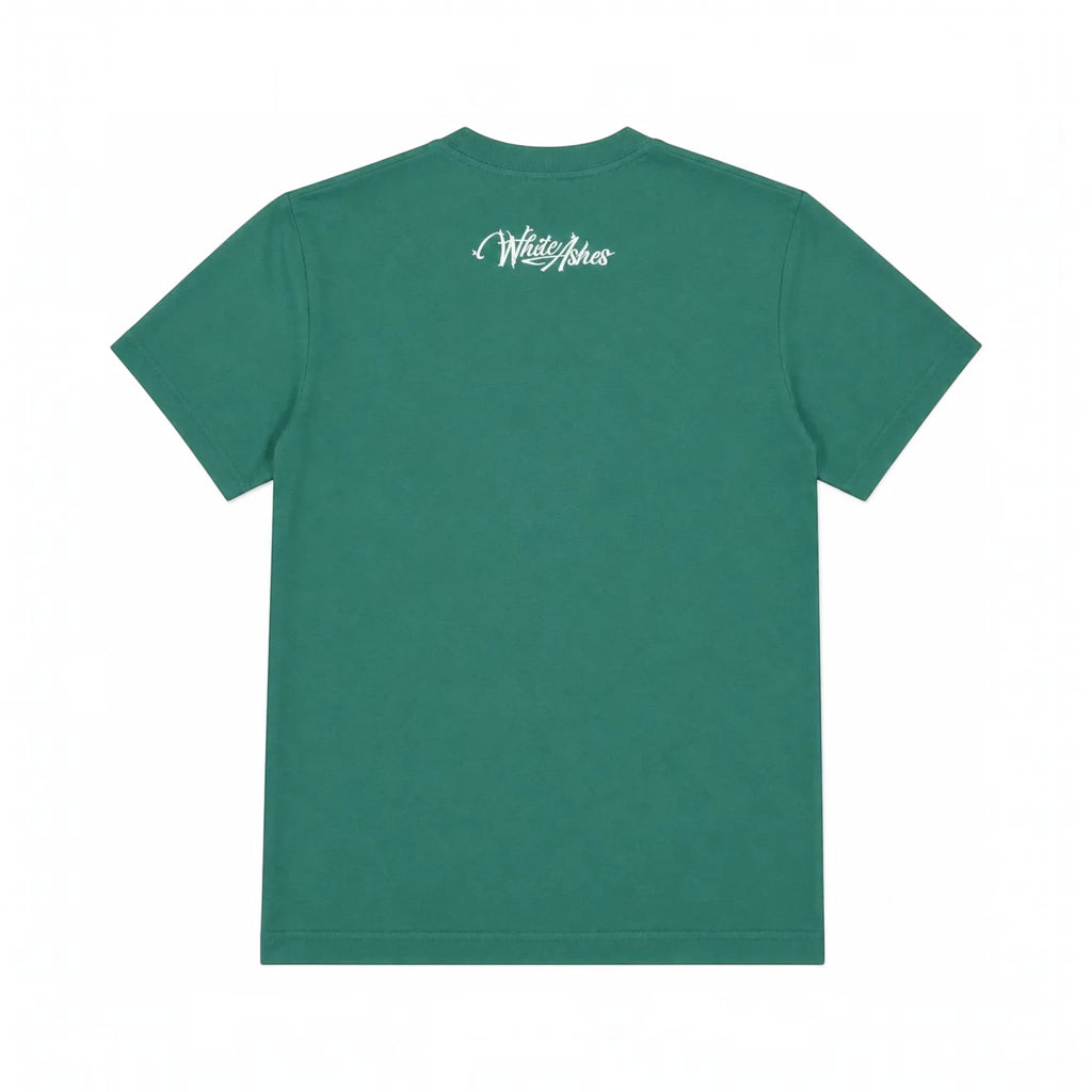 Back view of a deep green White Ashes Smoke Shop crewneck t-shirt featuring a white script logo on the upper back.