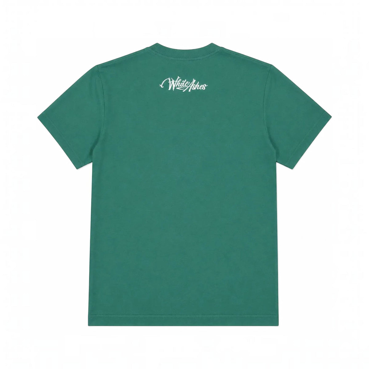 Back view of a deep green White Ashes Smoke Shop crewneck t-shirt featuring a white script logo on the upper back.