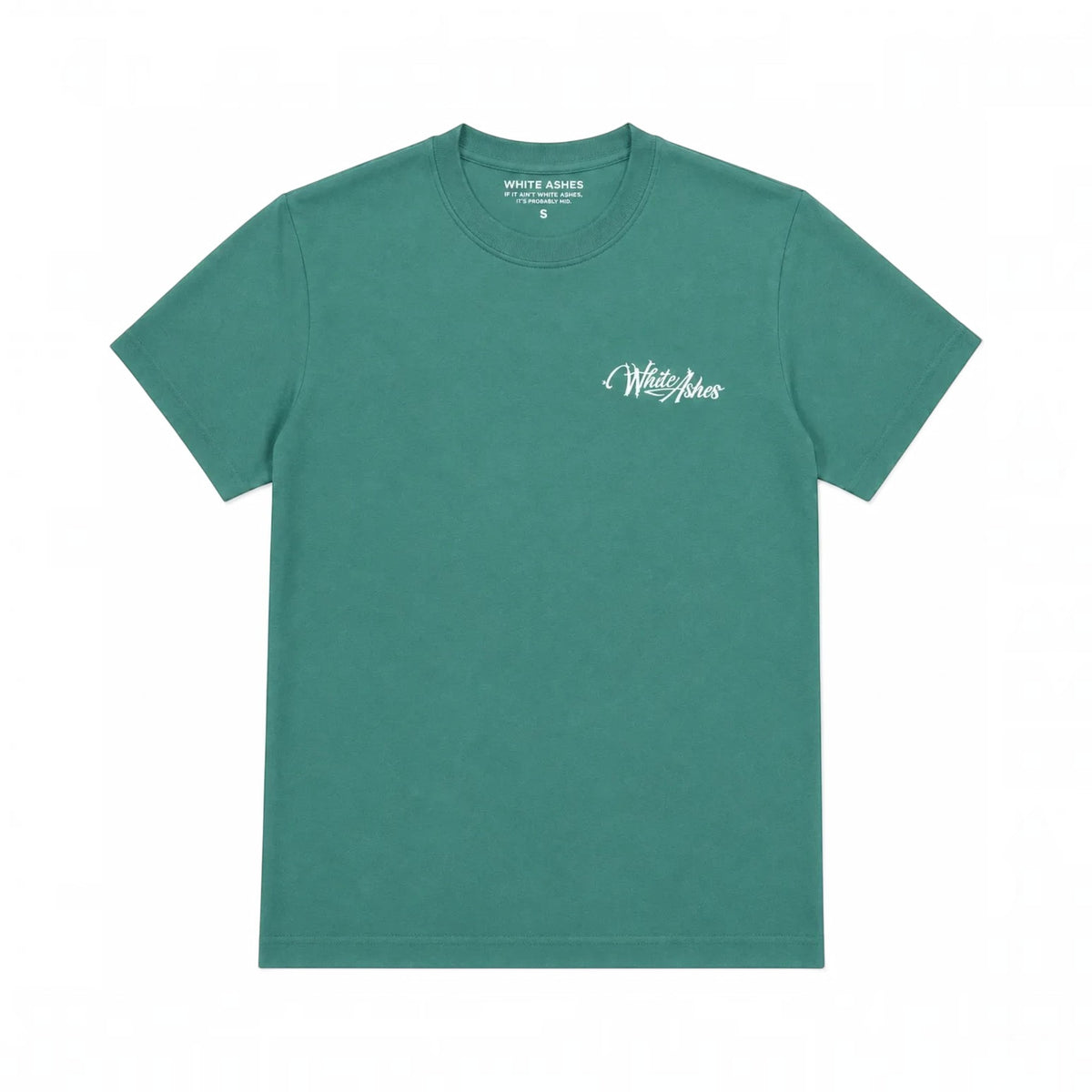 White Ashes Smoke Shop deep green crewneck t-shirt with white script logo on the chest in soft-touch cotton