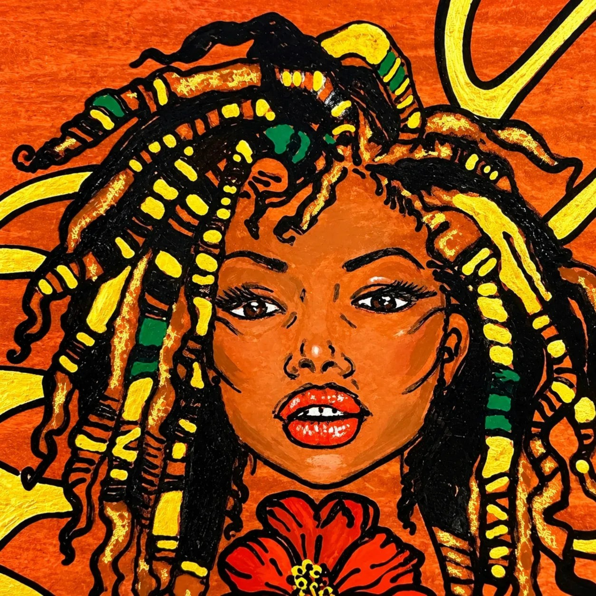 White Ashes Smoke Shop hand-painted rolling tray featuring a vibrant portrait of a woman with locs on orange background
