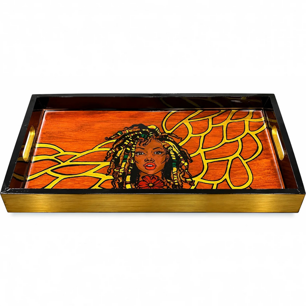 White Ashes Smoke Shop hand-painted rolling tray featuring a woman with locs on a fiery orange and gold geometric background
