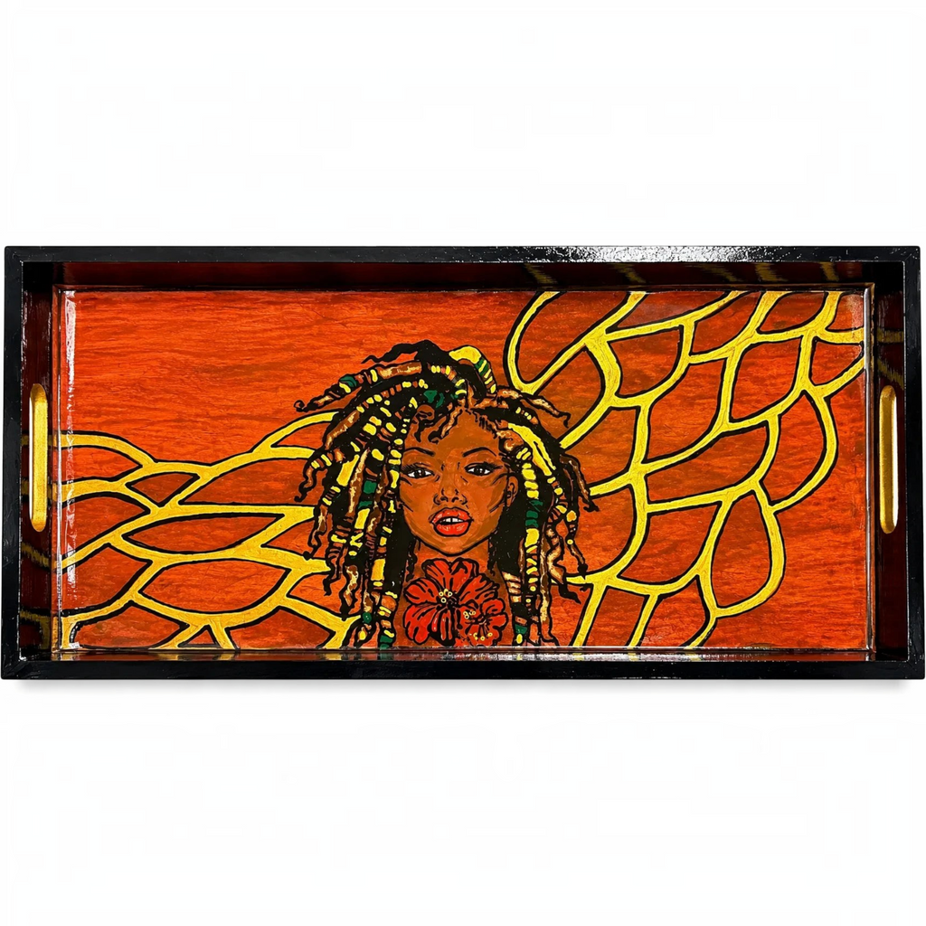 White Ashes Smoke Shop hand-painted rolling tray featuring a woman with locs on a fiery orange background with gold.