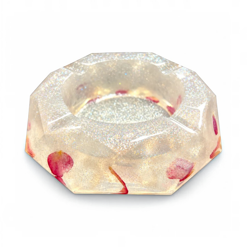 White Ashes Smoke Shop hexagonal resin ashtray with silver glitter and embedded dried rose petals.