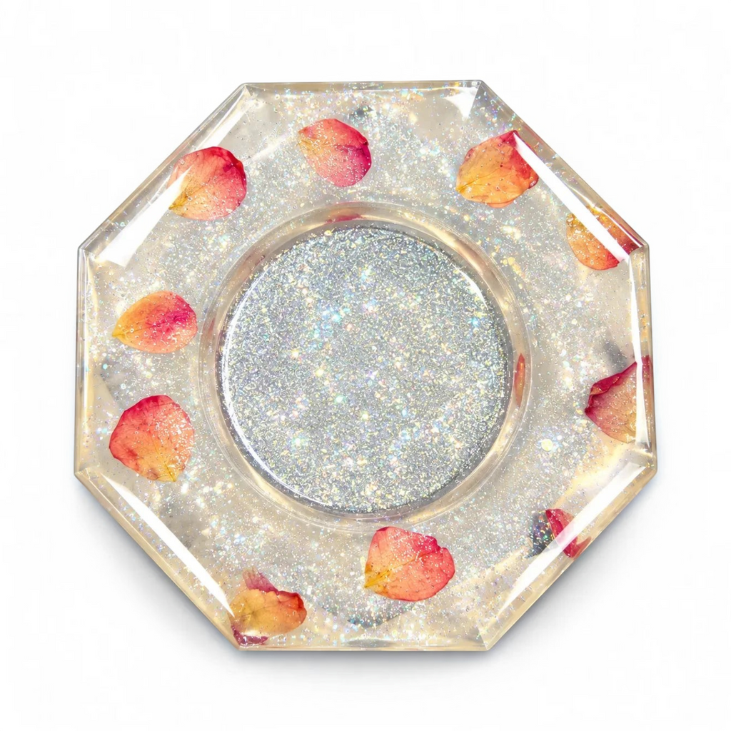 White Ashes Smoke Shop hexagonal resin ashtray with silver glitter and embedded dried rose petals on white background