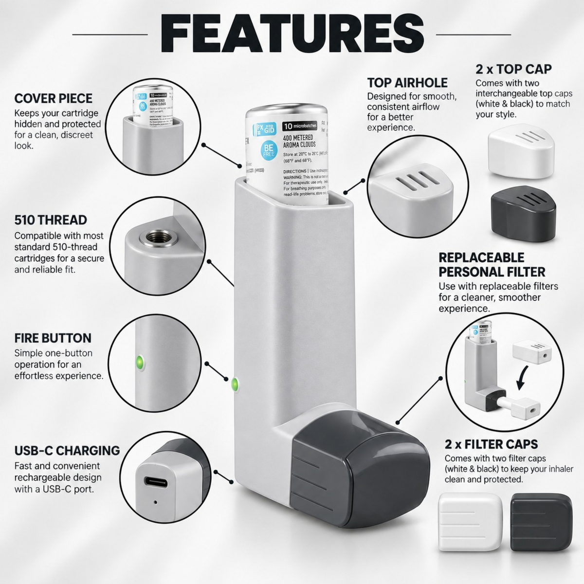 White Ashes Smoke Shop Smyle Labs Inhaler 510 cart battery in grey with labeled features, filters, and top caps.
