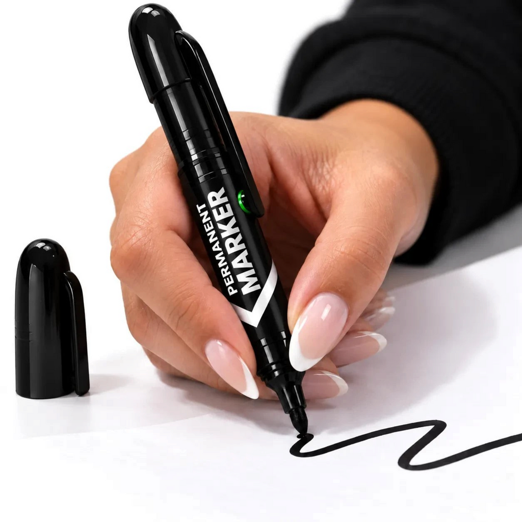 White Ashes Smoke Shop black permanent marker 510-thread vaporizer battery being used to write on white paper