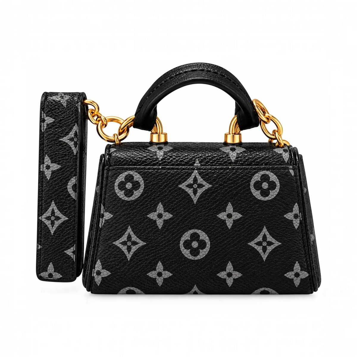 White Ashes Smoke Shop micro handbag charm in grey and black Monogram Eclipse canvas with gold-tone hardware.