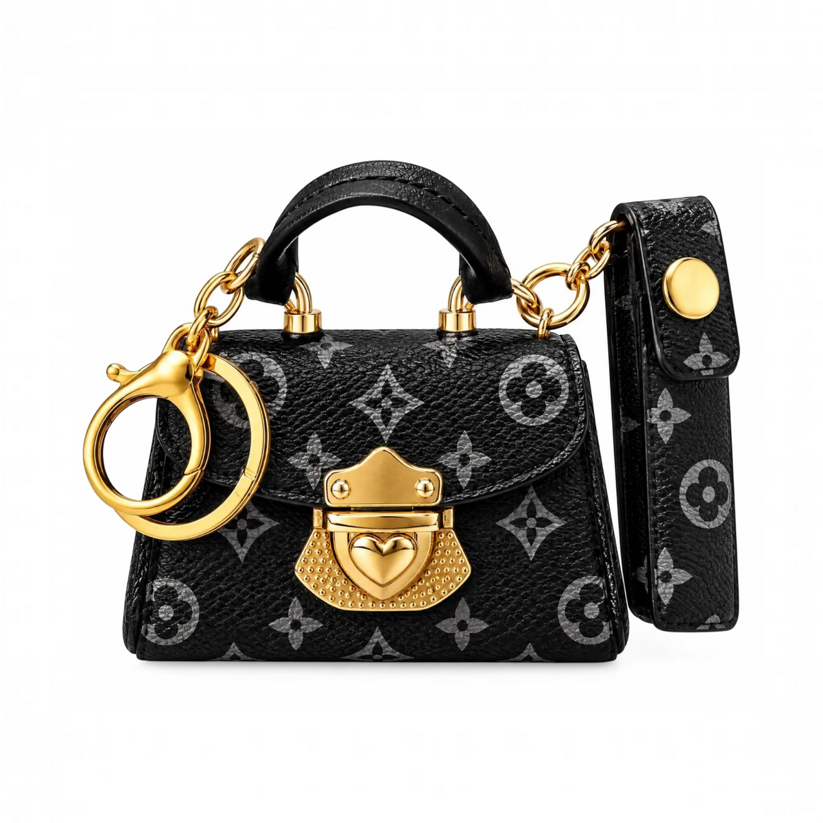 White Ashes Smoke Shop micro handbag charm in black and grey Monogram Eclipse canvas with gold heart-shaped clasp.