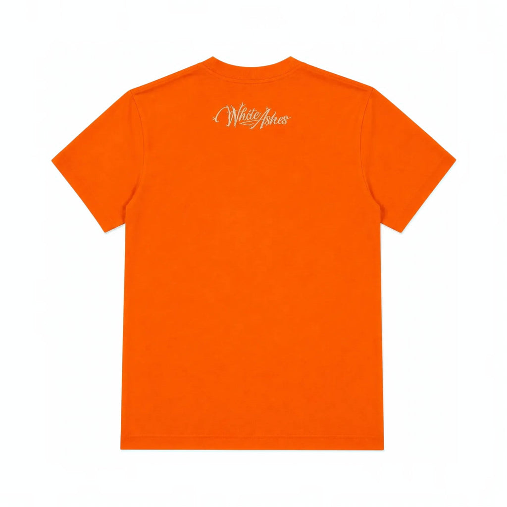 Back view of a vibrant orange White Ashes Smoke Shop crewneck t-shirt featuring a white logo graphic on the upper back