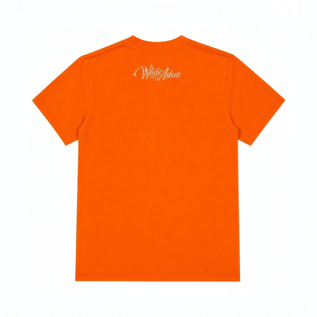 Back view of a vibrant orange White Ashes Smoke Shop crewneck t-shirt featuring a white logo graphic on the upper back