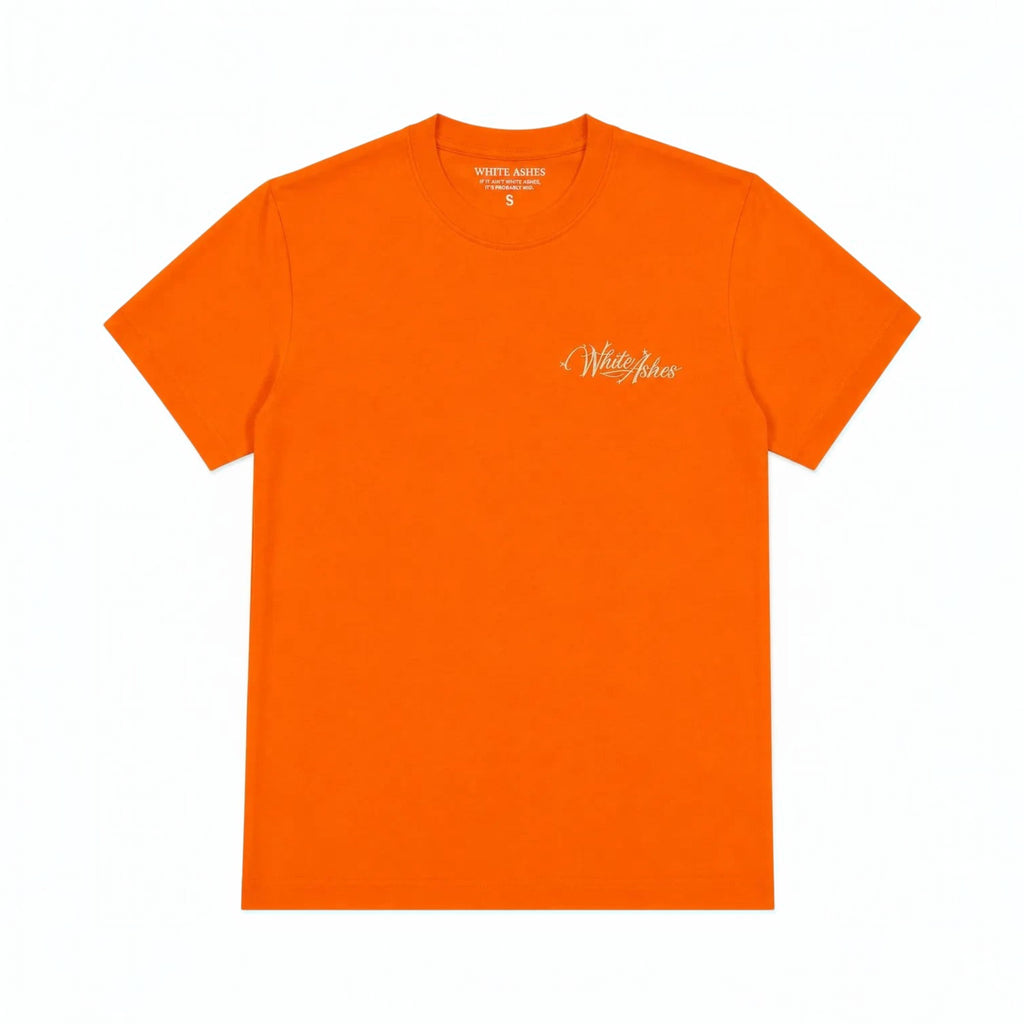 White Ashes Smoke Shop vibrant orange crewneck t-shirt with minimalist white logo graphic on the chest