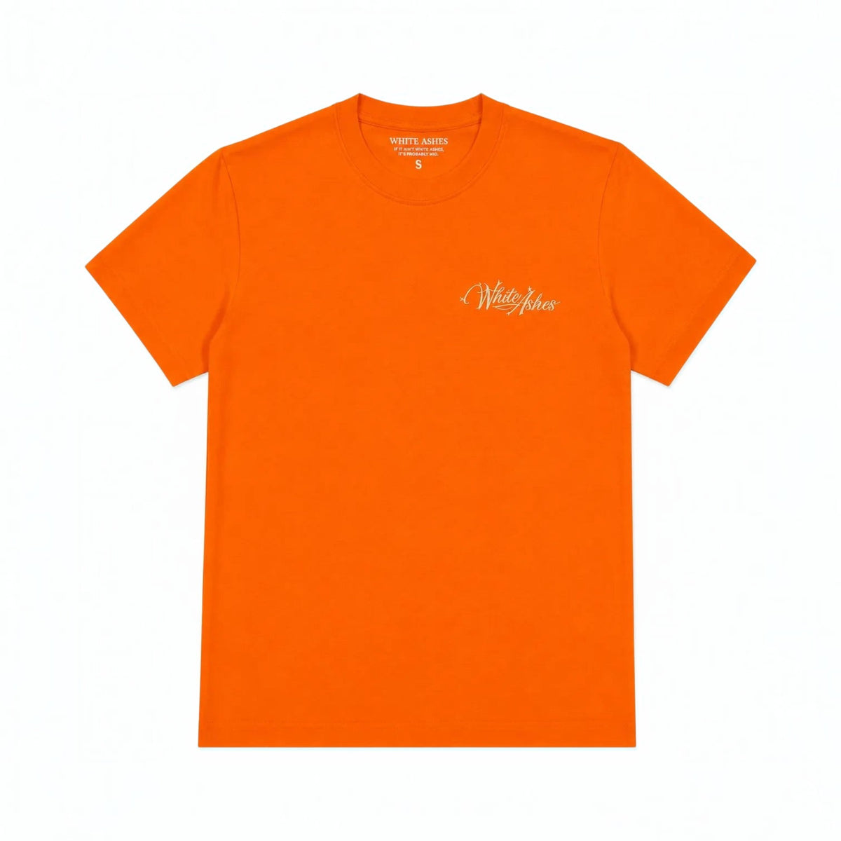 White Ashes Smoke Shop vibrant orange crewneck t-shirt with minimalist white logo graphic on the chest