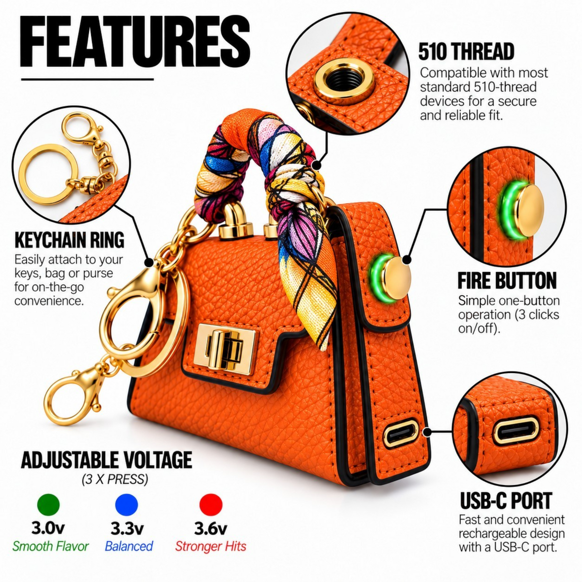 White Ashes Smoke Shop orange Pursejamin handbag 510 cart battery with gold hardware and scarf-wrapped handle