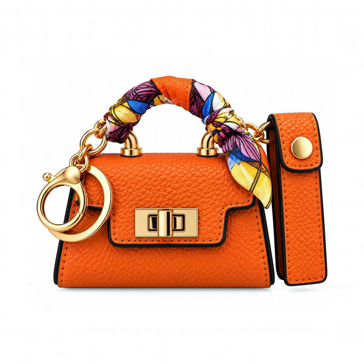 White Ashes Smoke Shop orange faux leather miniature handbag keychain with a silk-feel scarf handle and gold hardware.