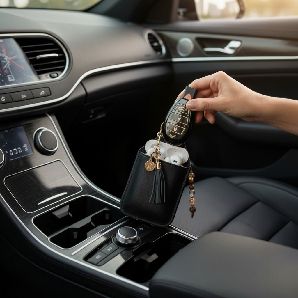 White Ashes Smoke Shop Smyle Labs Penjamin car key 510 battery in gold held by a hand inside a luxury car interior