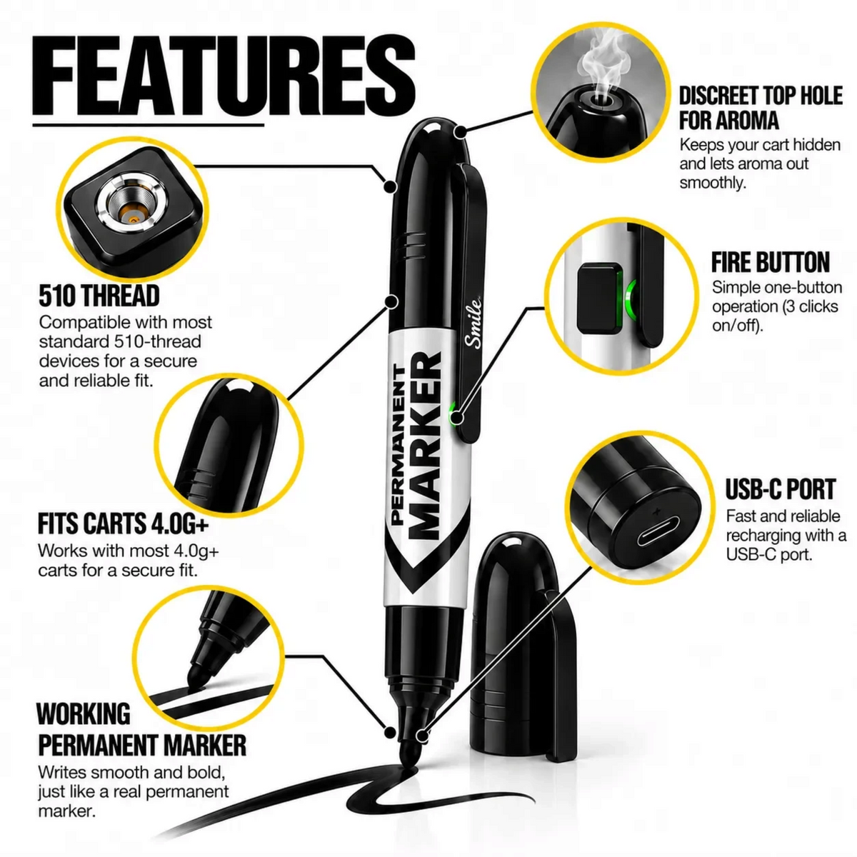White Ashes Smoke Shop Smyle Labs Permanent Marker 510 battery with features like USB-C charging and working ink tip.