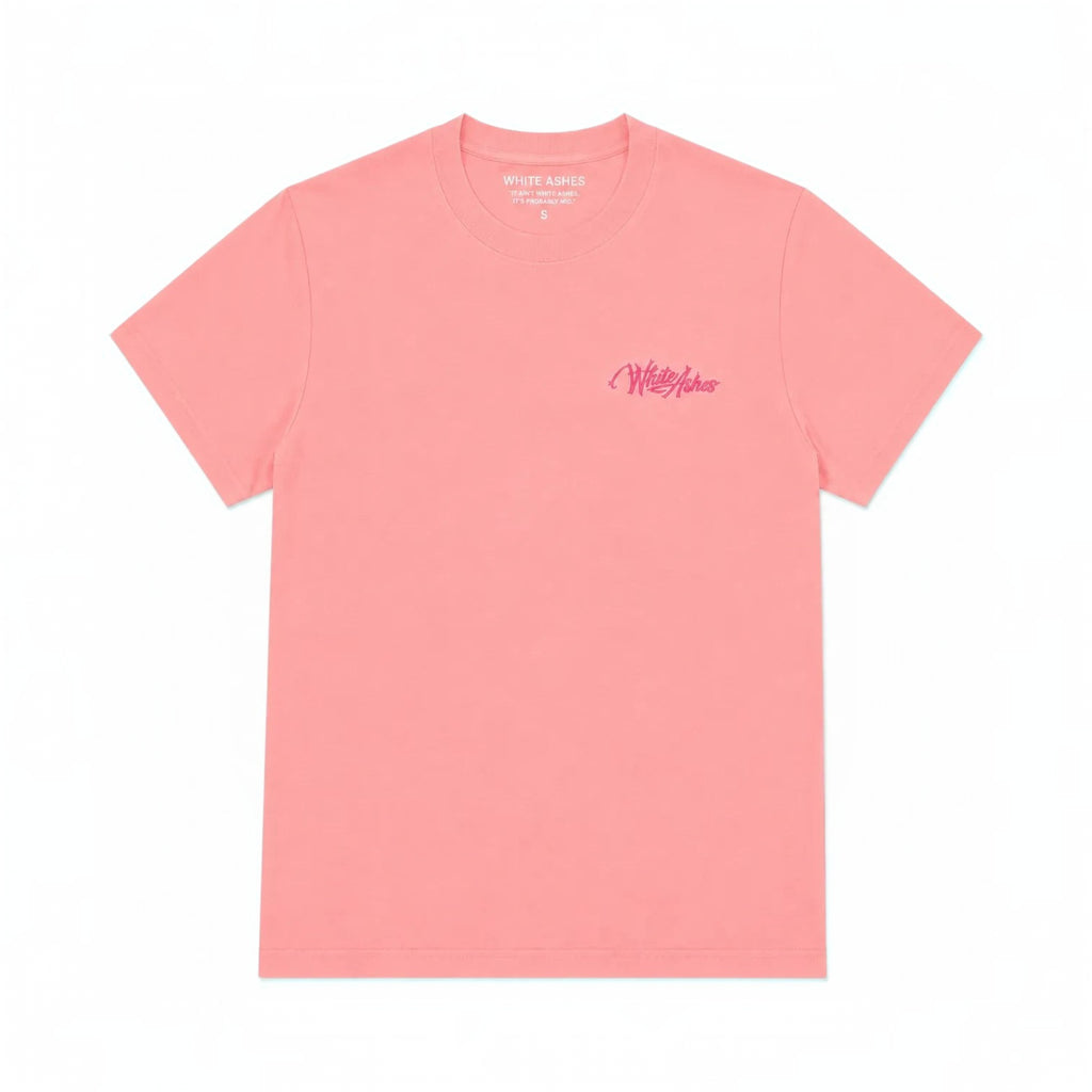 White Ashes Smoke Shop pink cotton crewneck t-shirt with tonal embroidered logo on the chest.