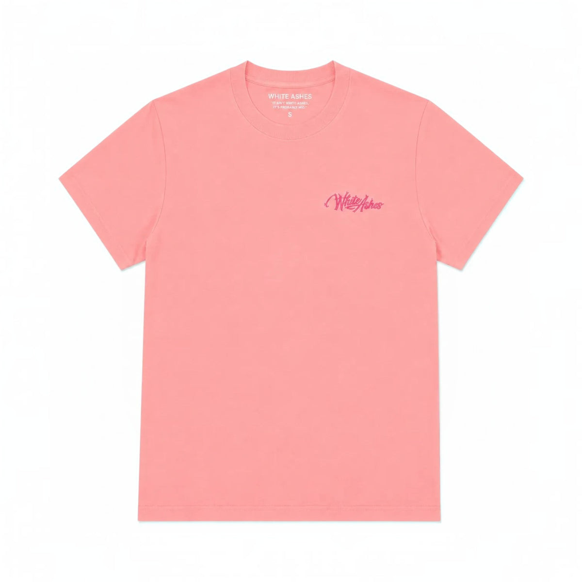 White Ashes Smoke Shop pink cotton crewneck t-shirt with tonal embroidered logo on the chest.