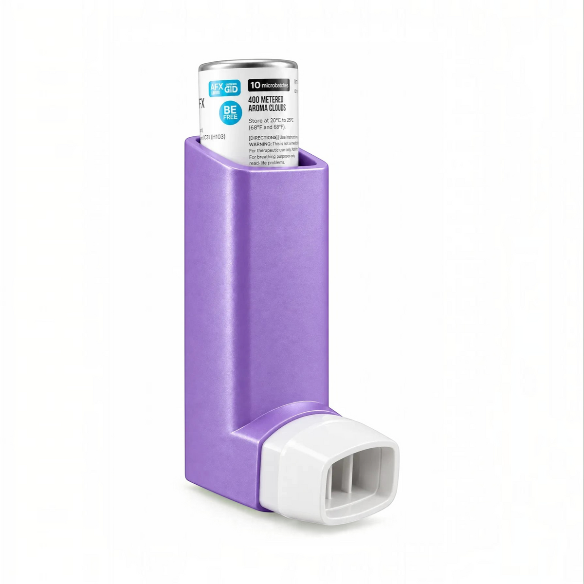White Ashes Smoke Shop AFX GID purple metered aroma cloud inhaler with white mouthpiece for portable scent delivery.