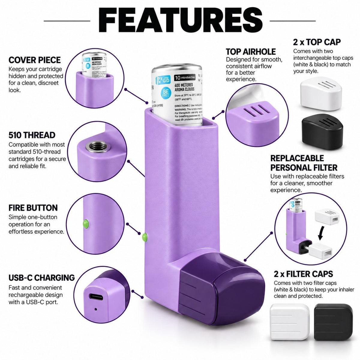 White Ashes Smoke Shop purple Smyle Labs Inhaler 510 cart battery with replaceable filters and discreet top caps