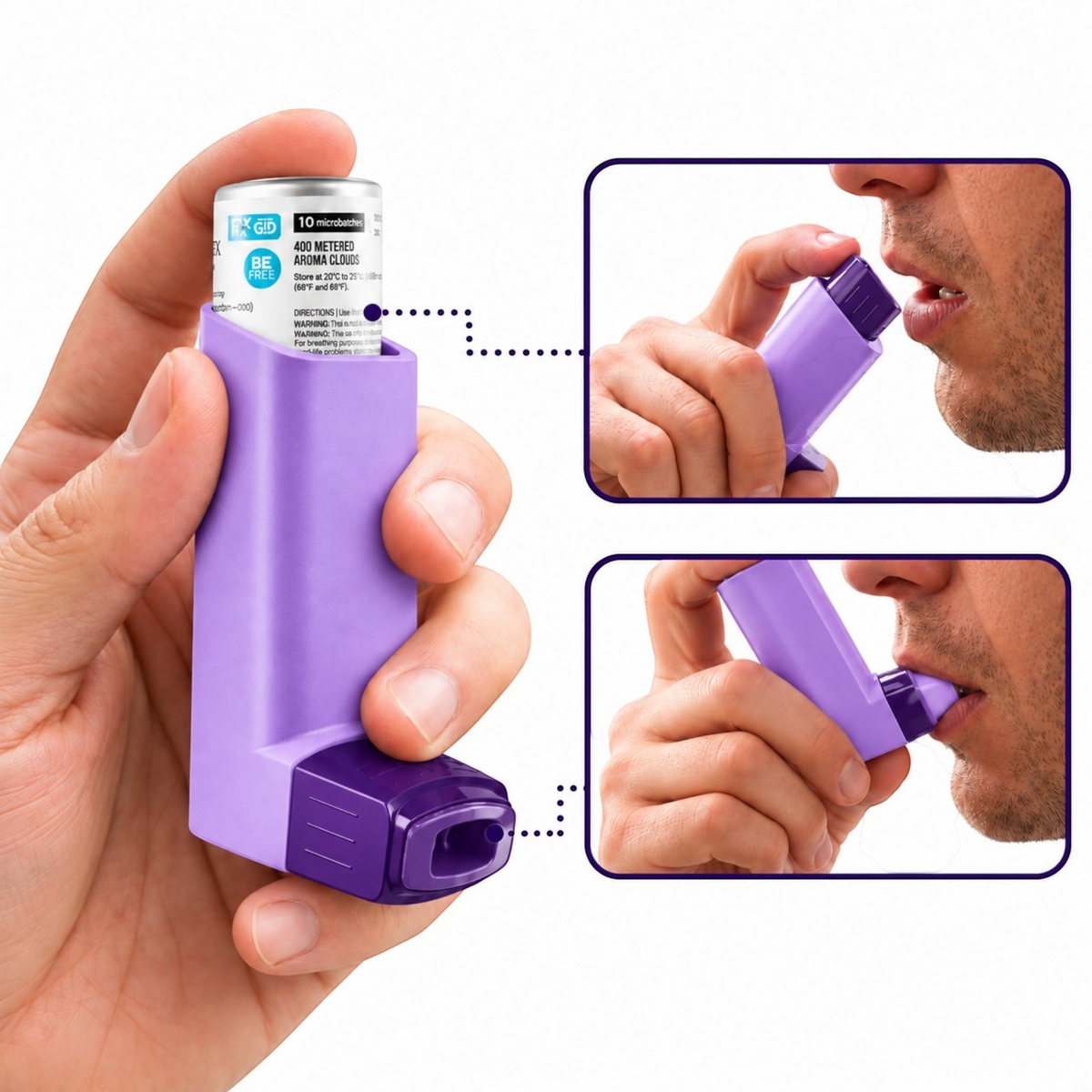 White Ashes Smoke Shop purple Smyle Labs Inhaler 510 cart battery held in hand with demonstration of use