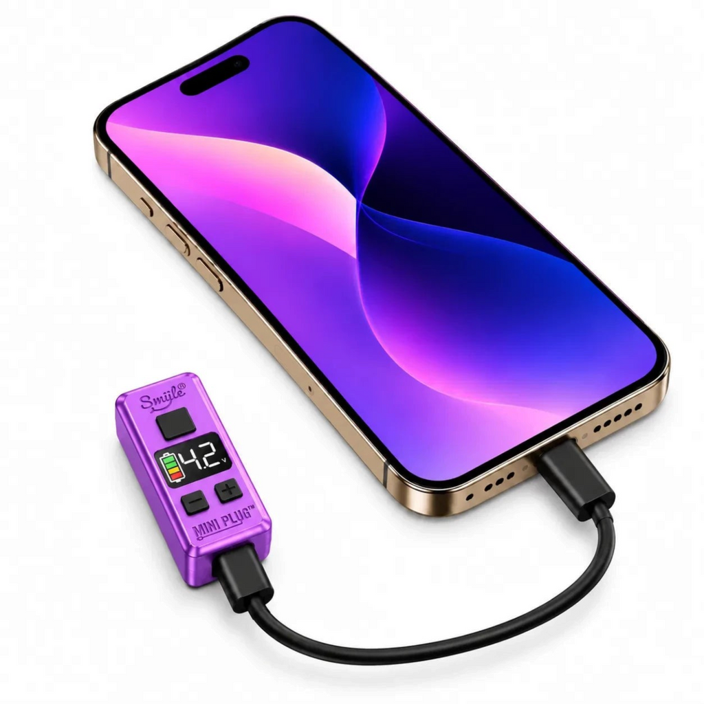 White Ashes Smoke Shop Smüle Mini Plug purple 510-thread battery charging from a smartphone with LED voltage display
