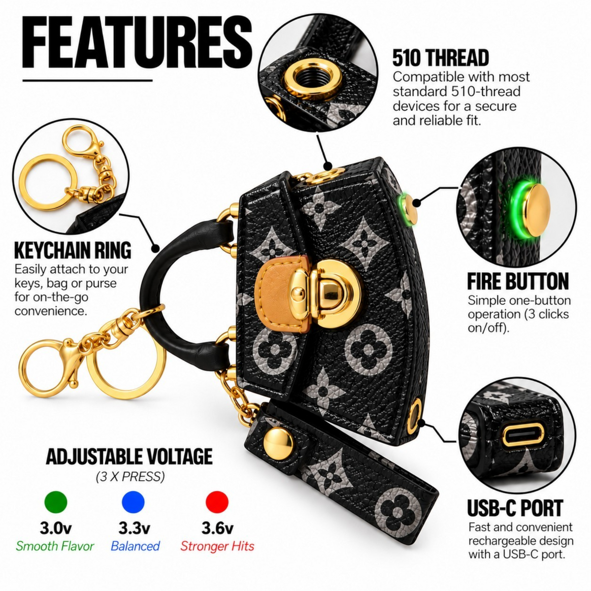 White Ashes Smoke Shop PURSEJAMIN handbag 510 cart battery in black and gold with keychain and adjustable voltage