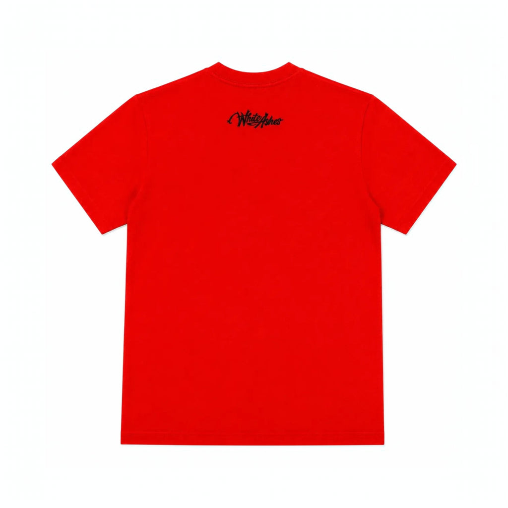 White Ashes Smoke Shop red cotton short sleeve t-shirt with black logo graphic on the back