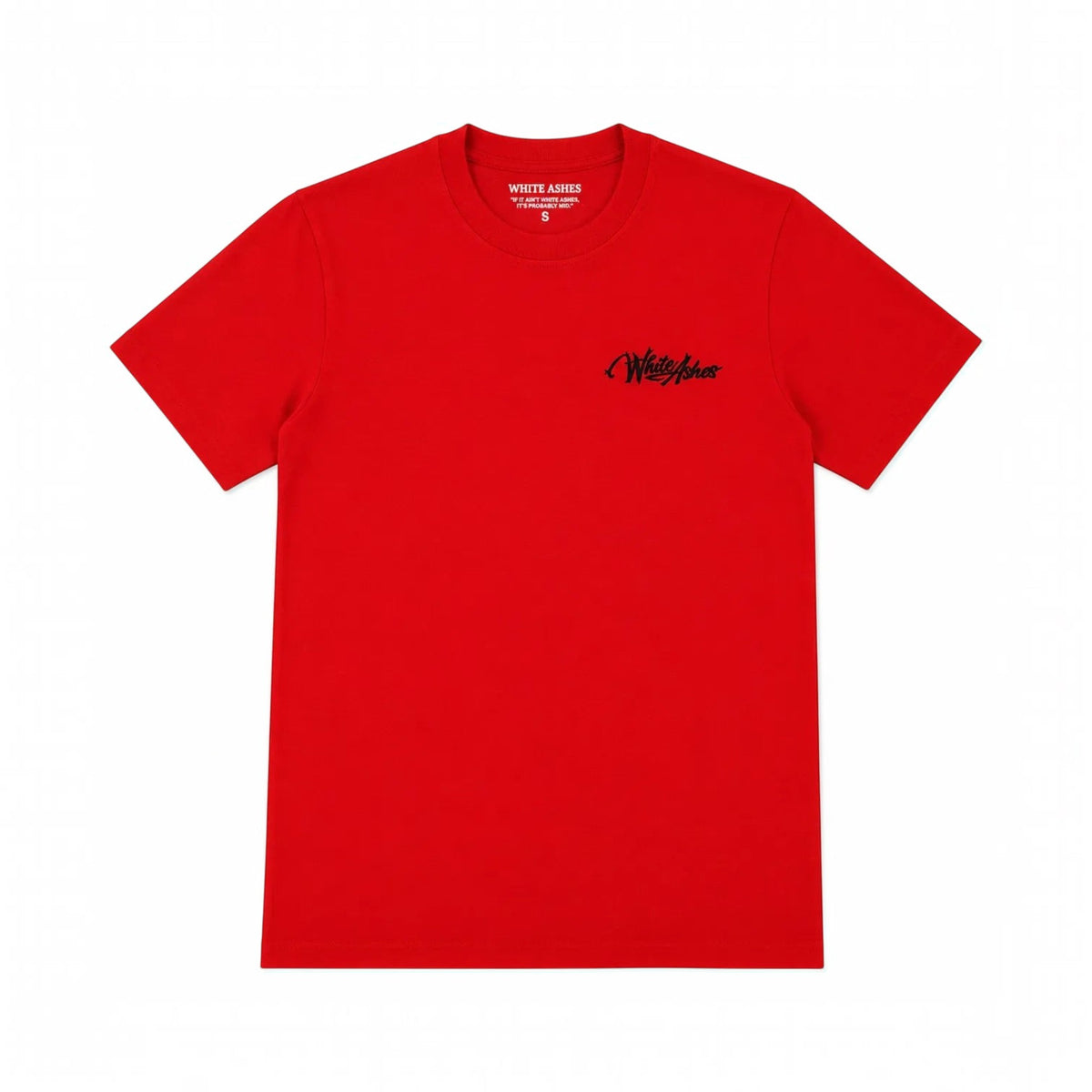 White Ashes Smoke Shop red cotton short sleeve t-shirt with black embroidered logo on the chest