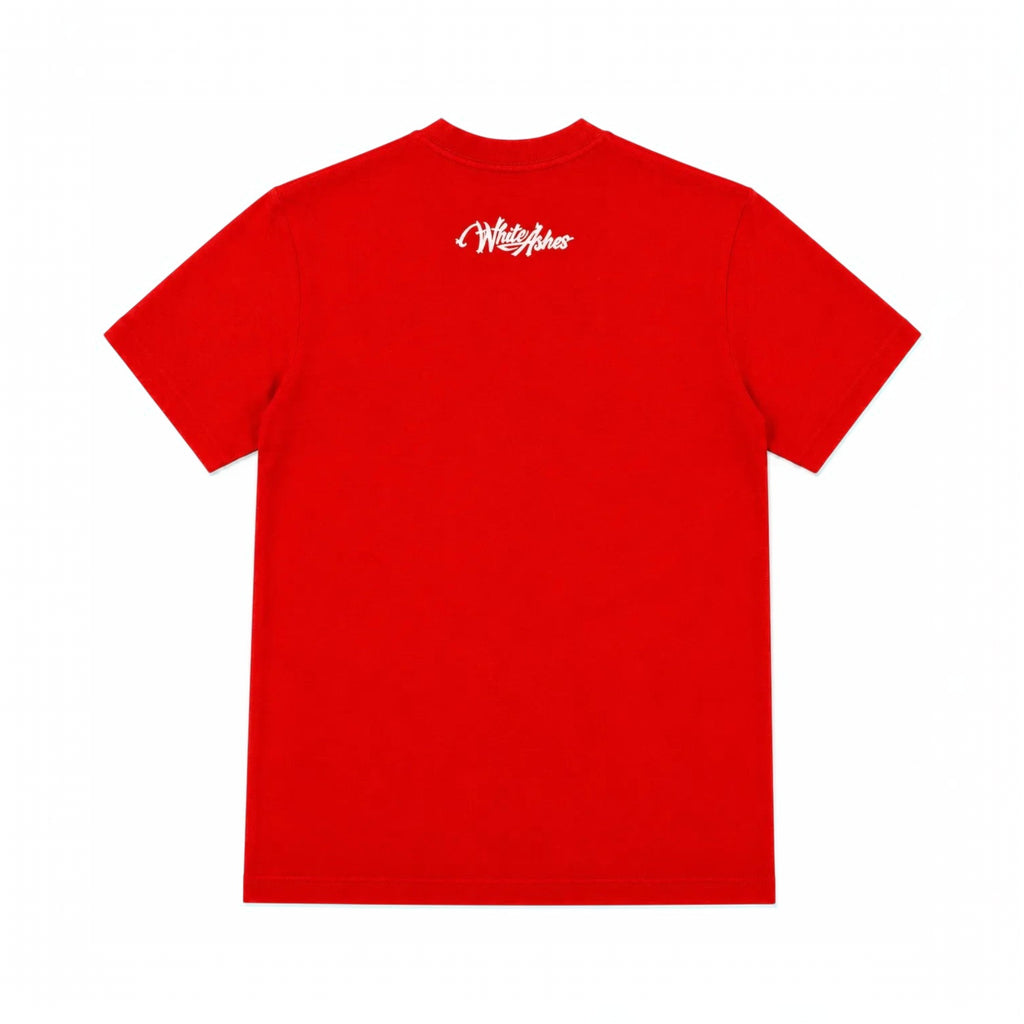 White Ashes Smoke Shop red cotton crewneck t-shirt with white script logo on the upper back