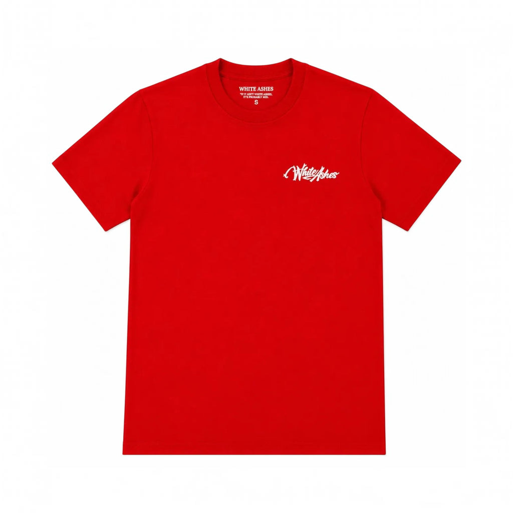 White Ashes Smoke Shop red crewneck t-shirt with white script logo on the chest, made from soft cotton.
