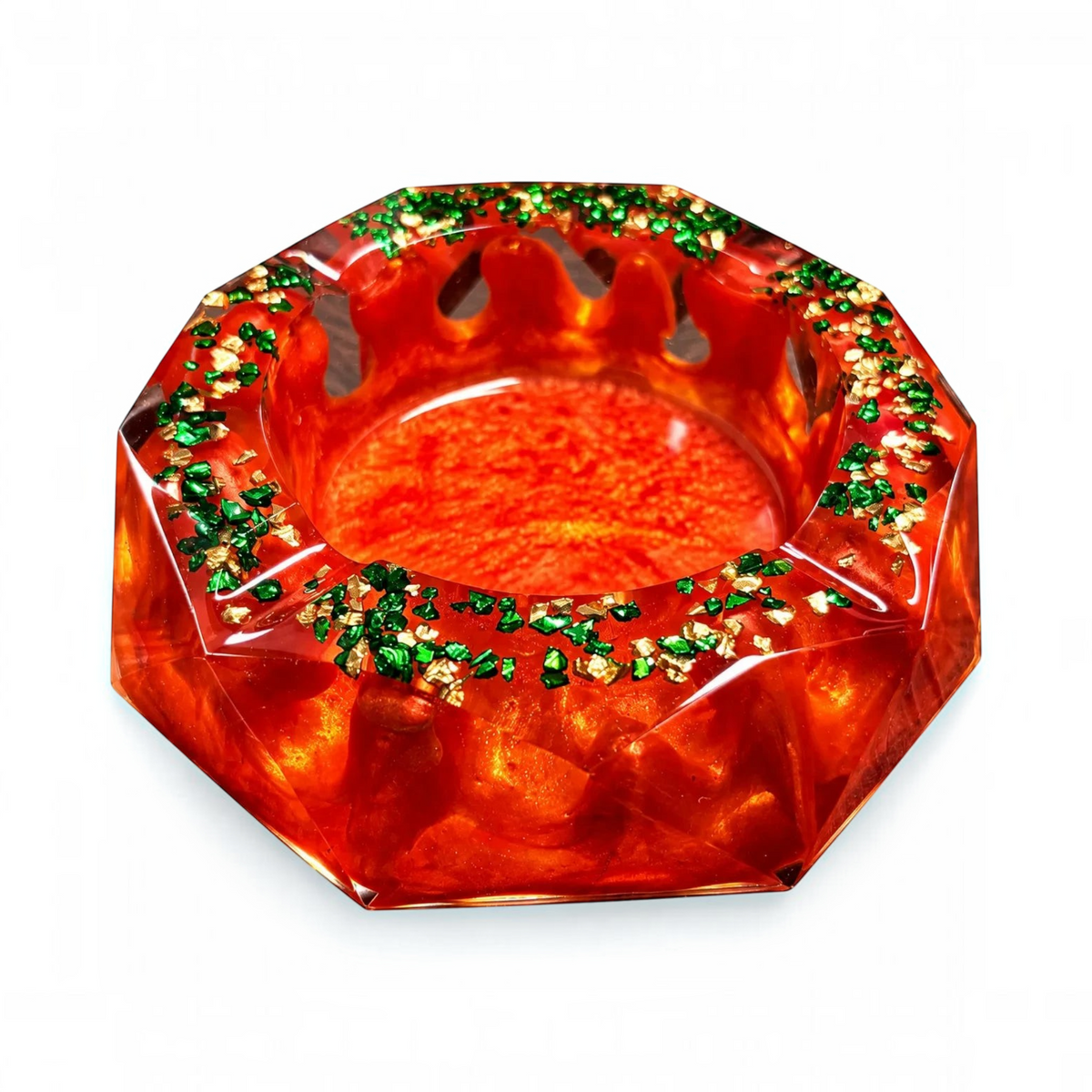 White Ashes Smoke Shop octagonal red resin ashtray with shimmering green and gold flake accents and pearlescent finish