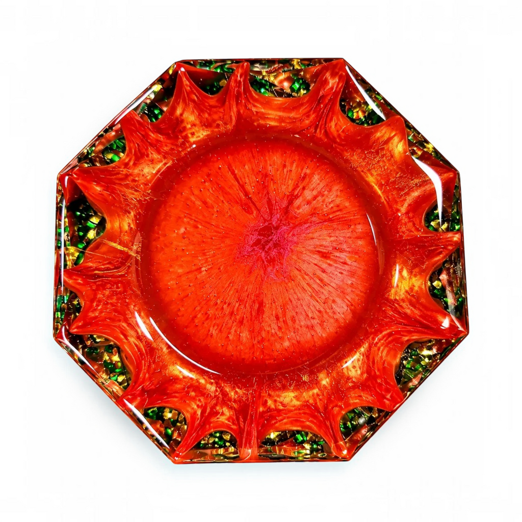 White Ashes Smoke Shop octagonal red resin ashtray with shimmering green and gold flake accents and pearlescent finish