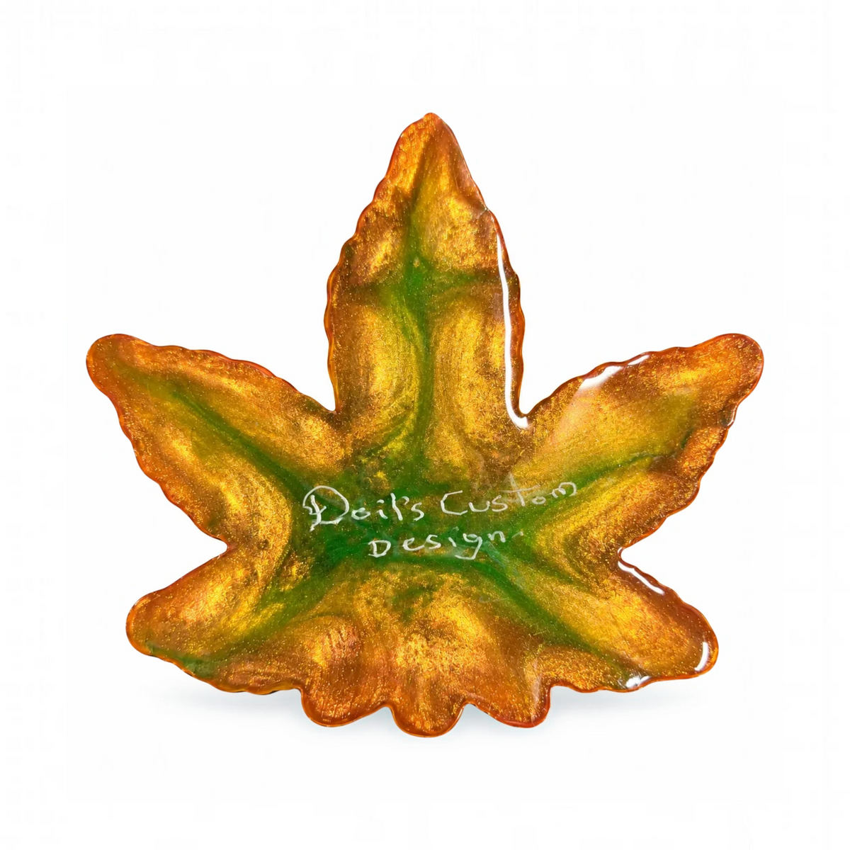 White Ashes Smoke Shop handcrafted resin cannabis leaf rolling tray in shimmering green and gold with a glossy finish