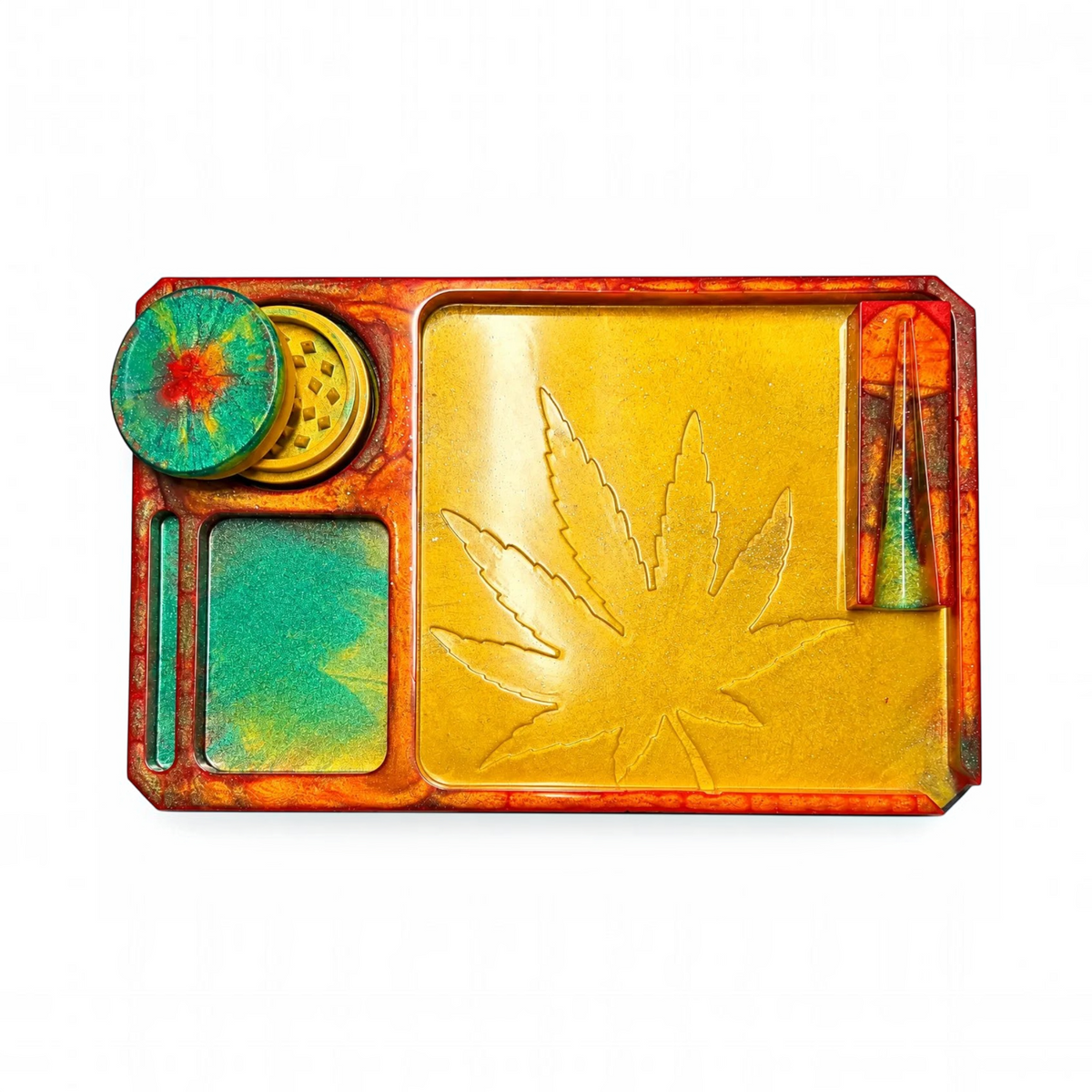 White Ashes Smoke Shop resin rolling tray set in sunset colors with a leaf design, grinder, and accessory slots.