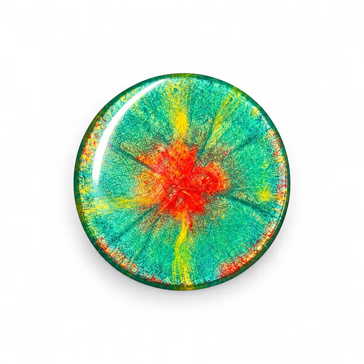 White Ashes Smoke Shop round resin rolling tray with a vibrant sunset swirl of red, yellow, and teal glitter finish.