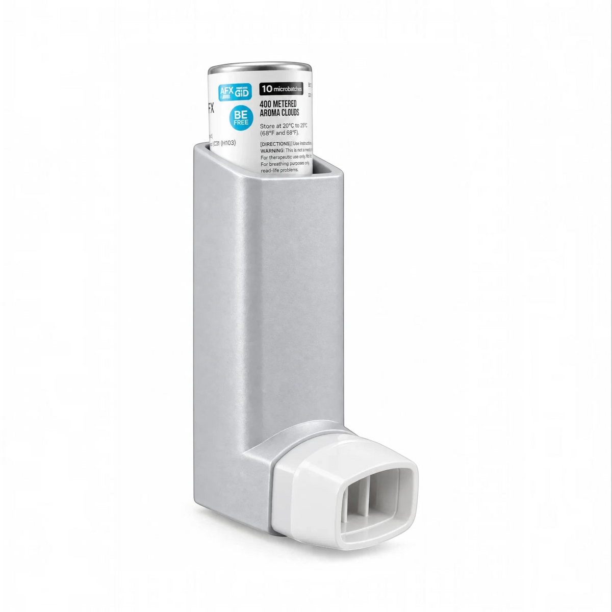 White Ashes Smoke Shop AFX GID metered aroma cloud inhaler in a sleek silver handheld device with a white mouthpiece.
