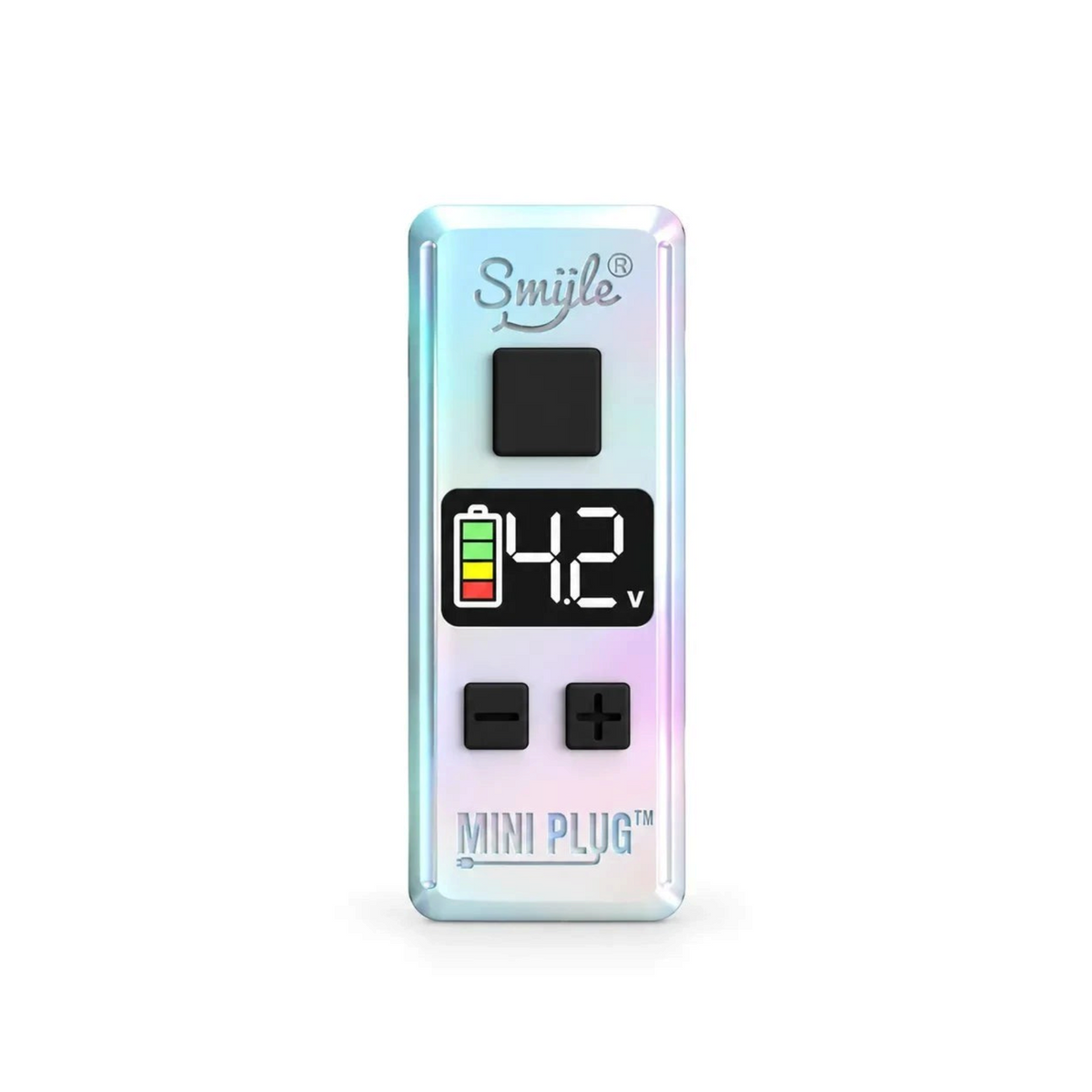 White Ashes Smoke Shop Smiile Mini Plug 510-thread battery with an iridescent finish and digital LED voltage display.