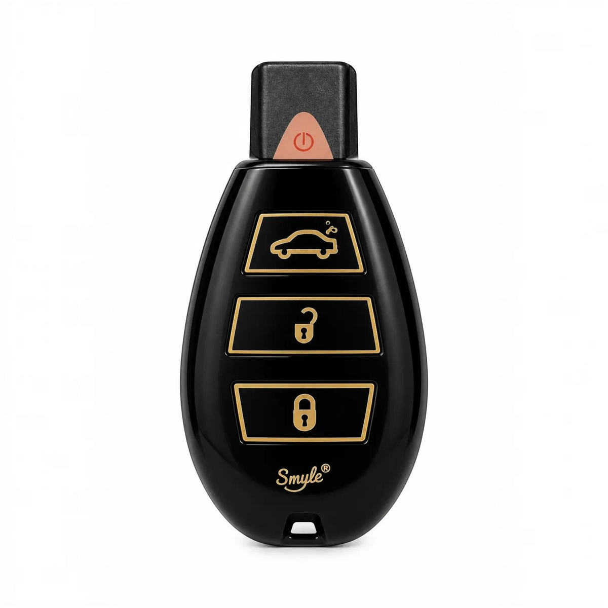 White Ashes Smoke Shop Smyle portable massager in high-gloss black with a car key fob design and gold accents.