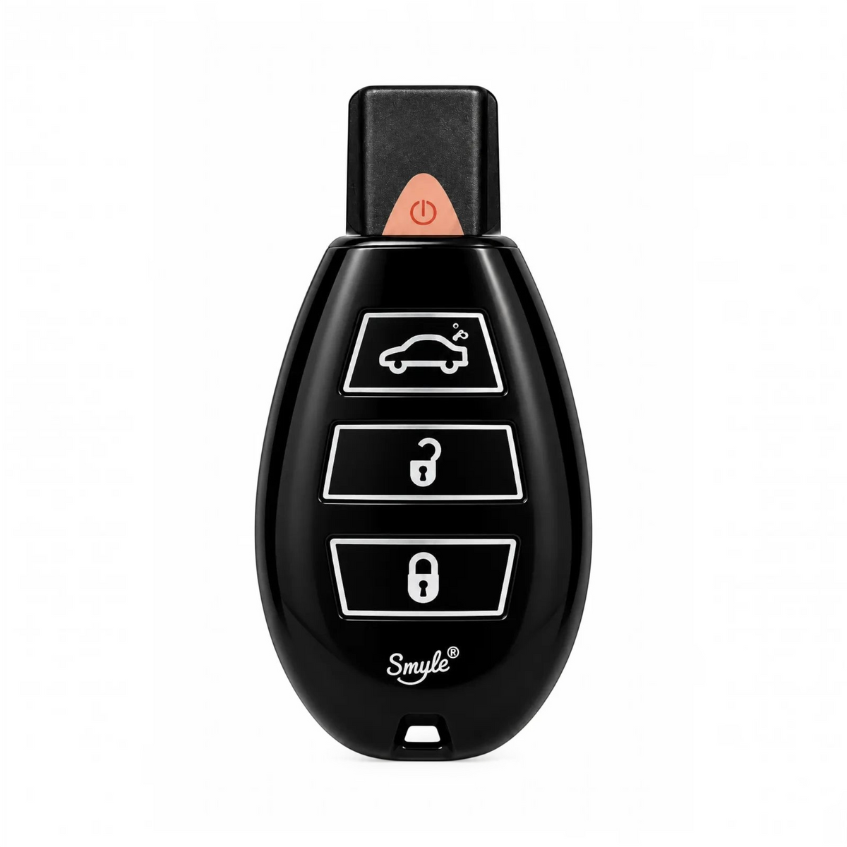 White Ashes Smoke Shop Smyle portable vaporizer in a sleek, glossy black car key fob design with intuitive buttons.