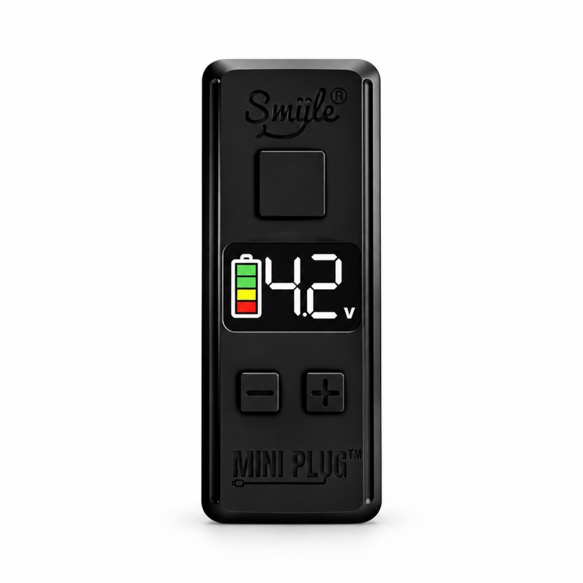 White Ashes Smoke Shop SMYLE LABS black 510 battery with digital LED display, voltage controls, and fire button.