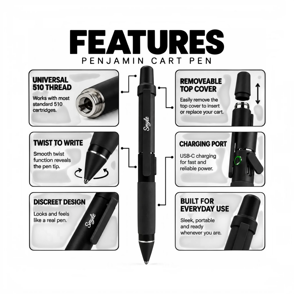 White Ashes Smoke Shop Smyle matte black 510 thread portable vaporizer pen with twist mechanism and USB-C charging.
