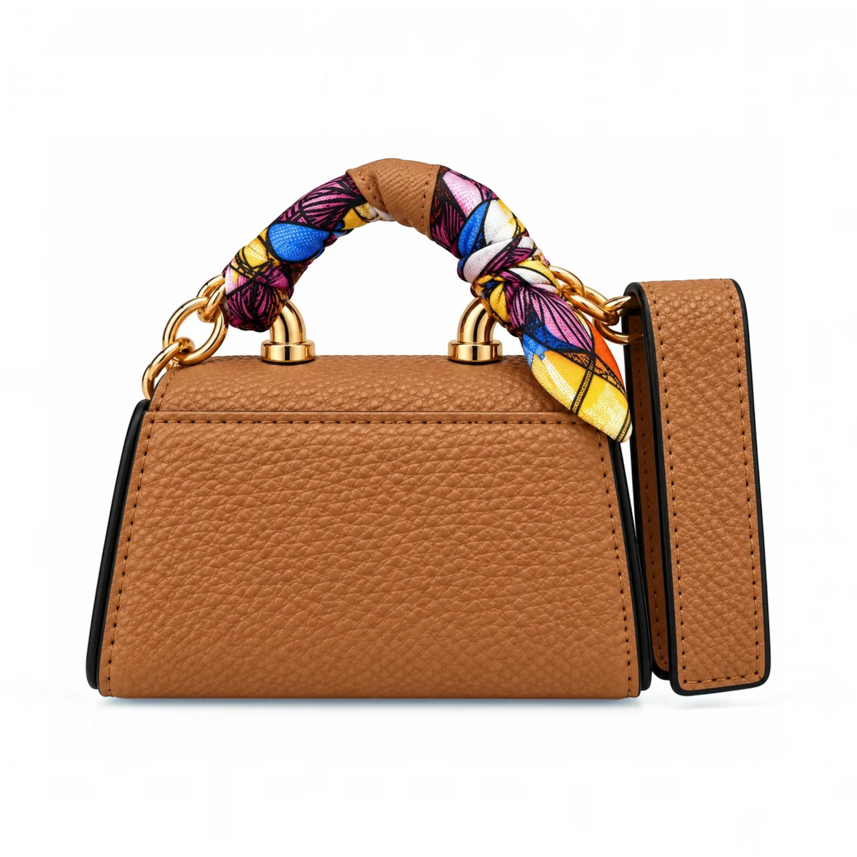 White Ashes Smoke Shop miniature tan leather handbag with a vibrant multi-colored silk scarf wrapped handle