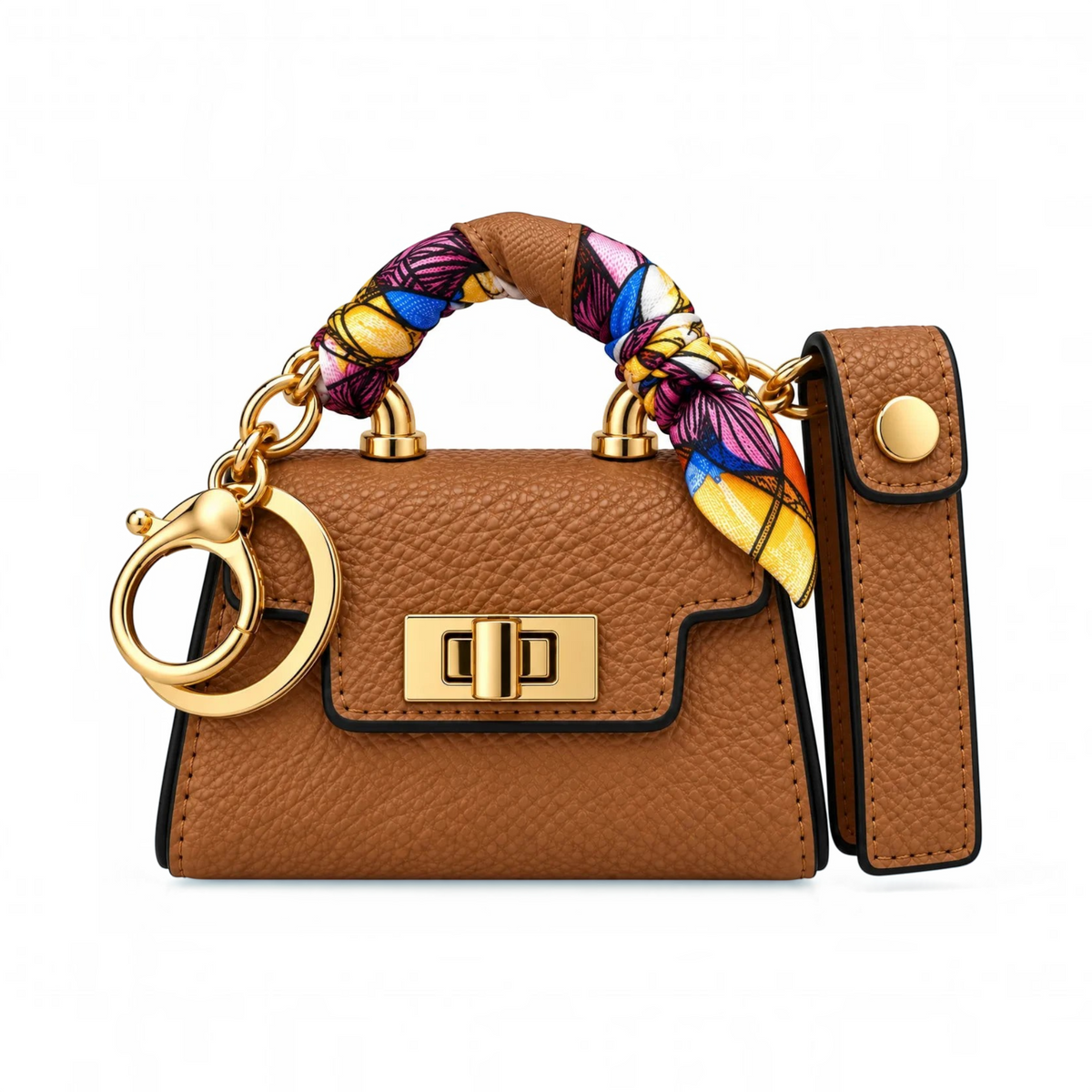 White Ashes Smoke Shop miniature tan leather handbag with a colorful silk scarf handle and gold-tone hardware.