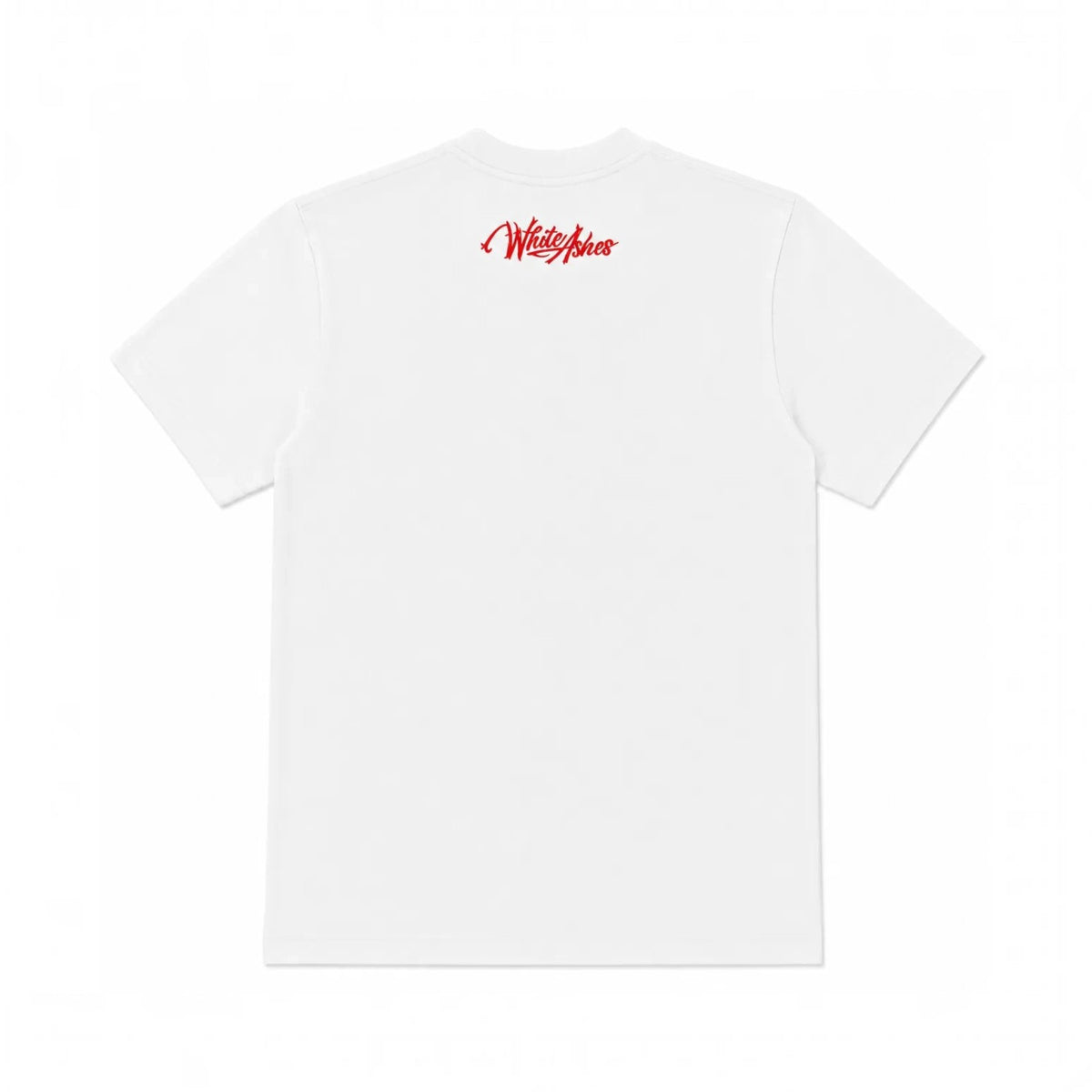 Back view of a White Ashes Smoke Shop white cotton crewneck t-shirt featuring a bold red script logo on the upper back.