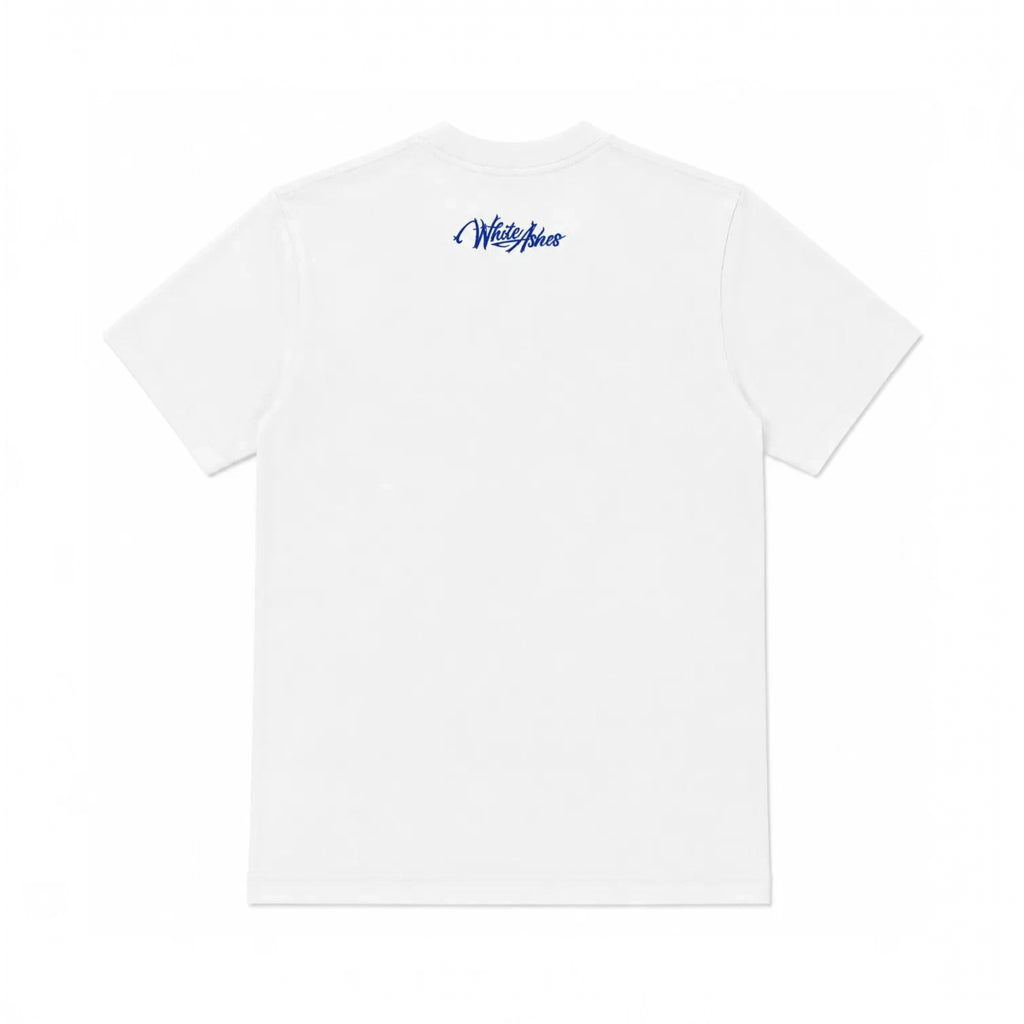 White Ashes Smoke Shop white cotton short sleeve t-shirt with a blue script logo graphic on the upper back