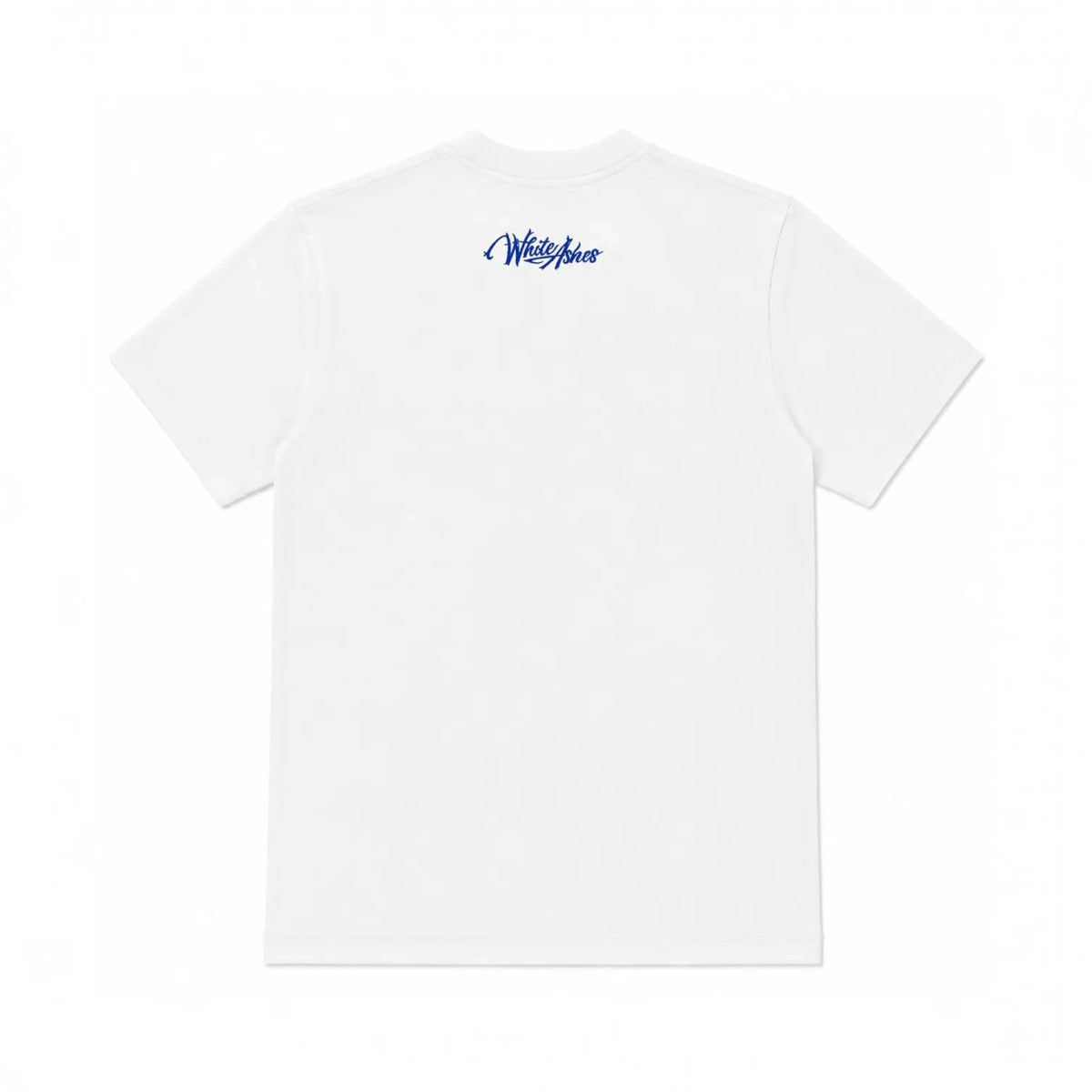 White Ashes Smoke Shop white cotton short sleeve t-shirt with a blue script logo graphic on the upper back