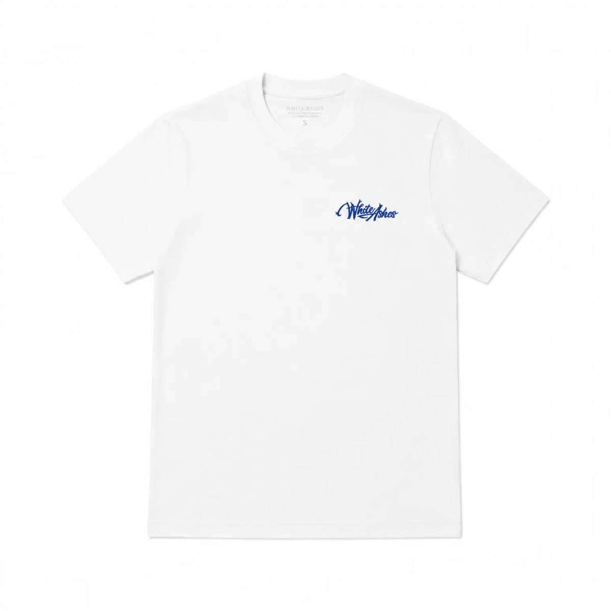 White Ashes Smoke Shop white cotton short sleeve t-shirt with a small blue script logo on the chest