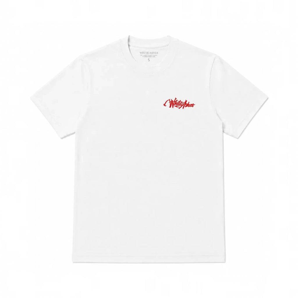 White Ashes Smoke Shop white cotton crewneck t-shirt featuring a small red script logo on the left chest.